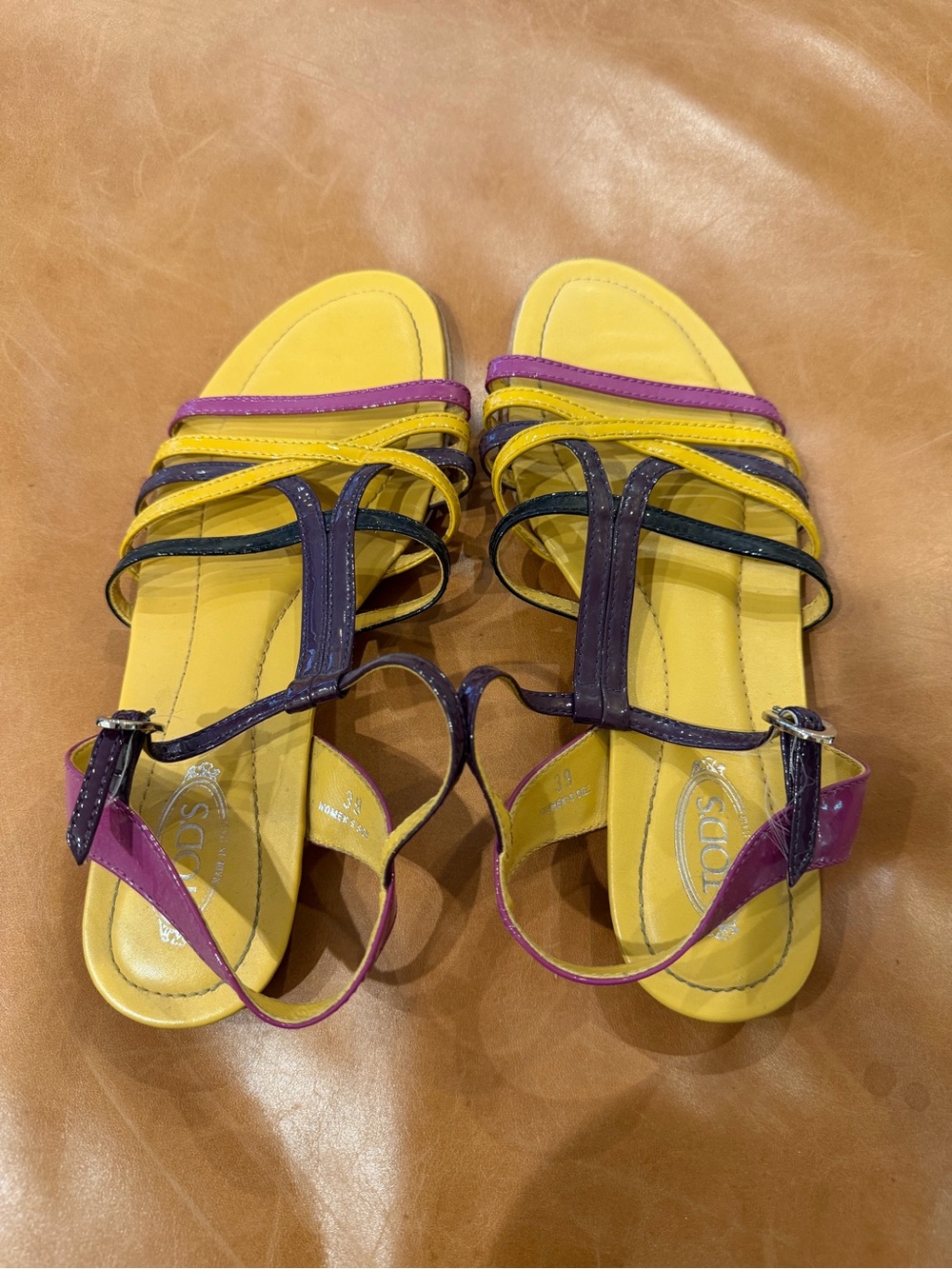 Tod's Yellow, Purple and Black Multi-Strap Sandals